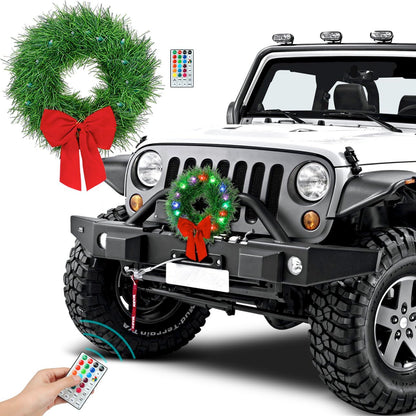 moveland RGB LED Christmas Car Wreath - 16 Colors Changeable Car Artificial Wreath with Remote Control - 12V Plug-in Wreath Lighting with Red Bow - Christmas Car Decoration