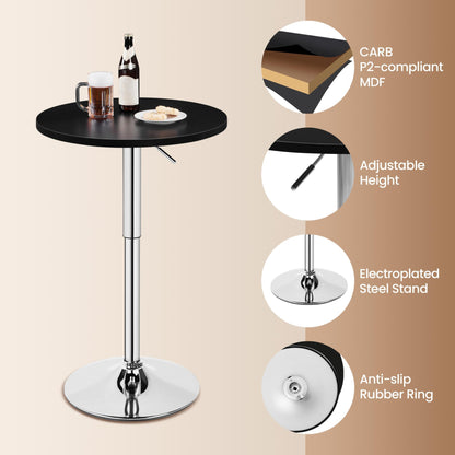 Yaheetech Round Bar Table, Adjustable Height and 360° Swivel Pub Tables, Cocktail Table with MDF Top, Silver Leg Base for Bar, Bistro, Café, Black