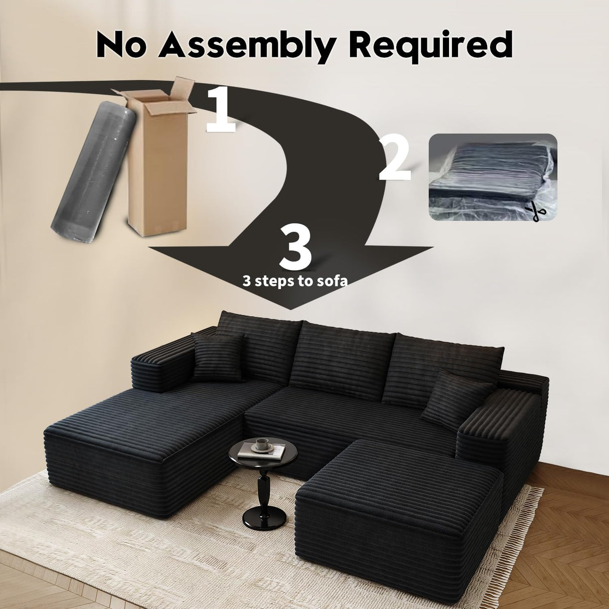 107.5" Cloud Modular Sectional Sofa with 1 Ottoman,Modern Minimalist Upholstered Couches, Comfort U Shaped Sofa for Living Room,Deep Seat Corner Couch，No Assembly Required (Black,Left Facing Chaise) Settab