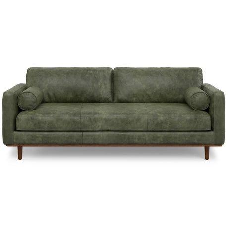 SIMPLIHOME Morrison 89-inch Wide Sofa in Moss Green Genuine Leather, Mid-Century Modern Design Couch for Living Room, Single Bench Cushion, 2 Back Cushions, 2 Bolster Pillows SIMPLIHOME