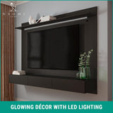 Naomi Home Bliss Modern Freestanding Wall Mounted Entertainment Center Floating TV Wall Panel for 70 inch TVs, Home Theater with LED Strip, Pull-Out Drawers and Overhead Shelf – Black, Solid Pine Wood Naomi Home