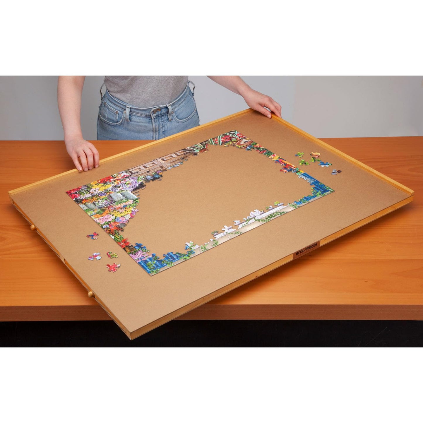 Bits and Pieces - 1000 Piece Puzzle Board with Drawers - Original Standard Wooden Puzzle Plateau - Tabletop Deluxe Jigsaw Puzzle Organizer and Puzzle Storage System (Standard with Spinner) - WoodArtSupply