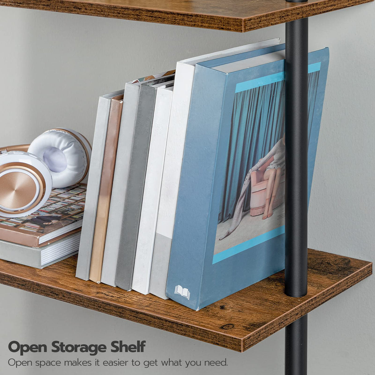 HOOBRO DIY Ladder Shelf, 5-Tier Wooden Wall Mounted Bookshelf, Narrow Bookcase, Display Shelf, Storage Rack, Plant Stand, for Living Room, Bedroom, Study, Balcony, Rustic Brown and Black BF531CJ01 HOOBRO