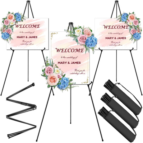 AROIC 63" Easel Stand for Display, 3 Pack Portable Foldable Metal Easel, Easels for Signs Wedding Logos,Arts, Painting,Adjustable Floor Easels with 3 Storage Bag AROIC