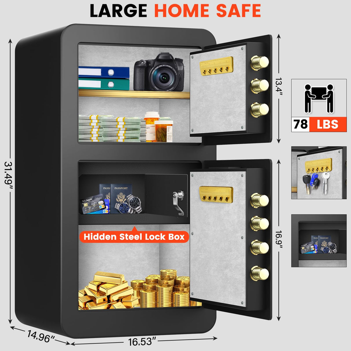 [2025 Upgraded] 8.1 Cu ft Extra Large Home Safe Fireproof Waterproof with [DOUBLE SAFES], Heavy Duty Fireproof Safe Box with [Hidden Lock Box], Fireproof Safe for Home Documents Business Office USE GHJGAGE