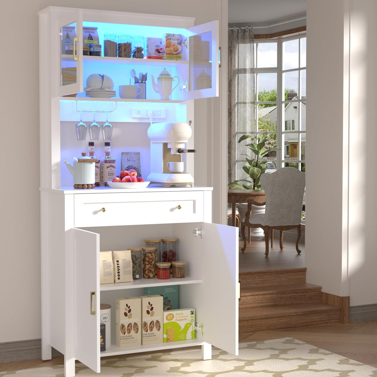 Yeyawomy 72" Tall Kitchen Pantry Cabinet with LED Light and Power Outlets, Farmhouse Large Storage Cabinet, Microwave Stand with Storage, Adjustable Cabinet Shelf, Kitchen Pantry White Modern Style Yeyawomy