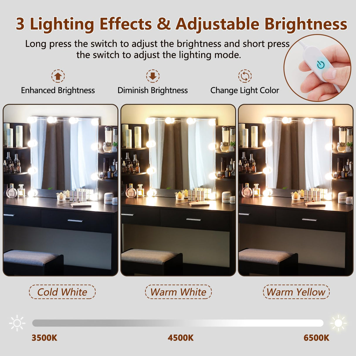 usikey Makeup Vanity with Mirror and 10 LED Lights, Vanity Makeup Table Set with 2 Drawers and Open Shelves, Makeup Vanity Desk Dressing Table with Cushioned Stool, Black usikey