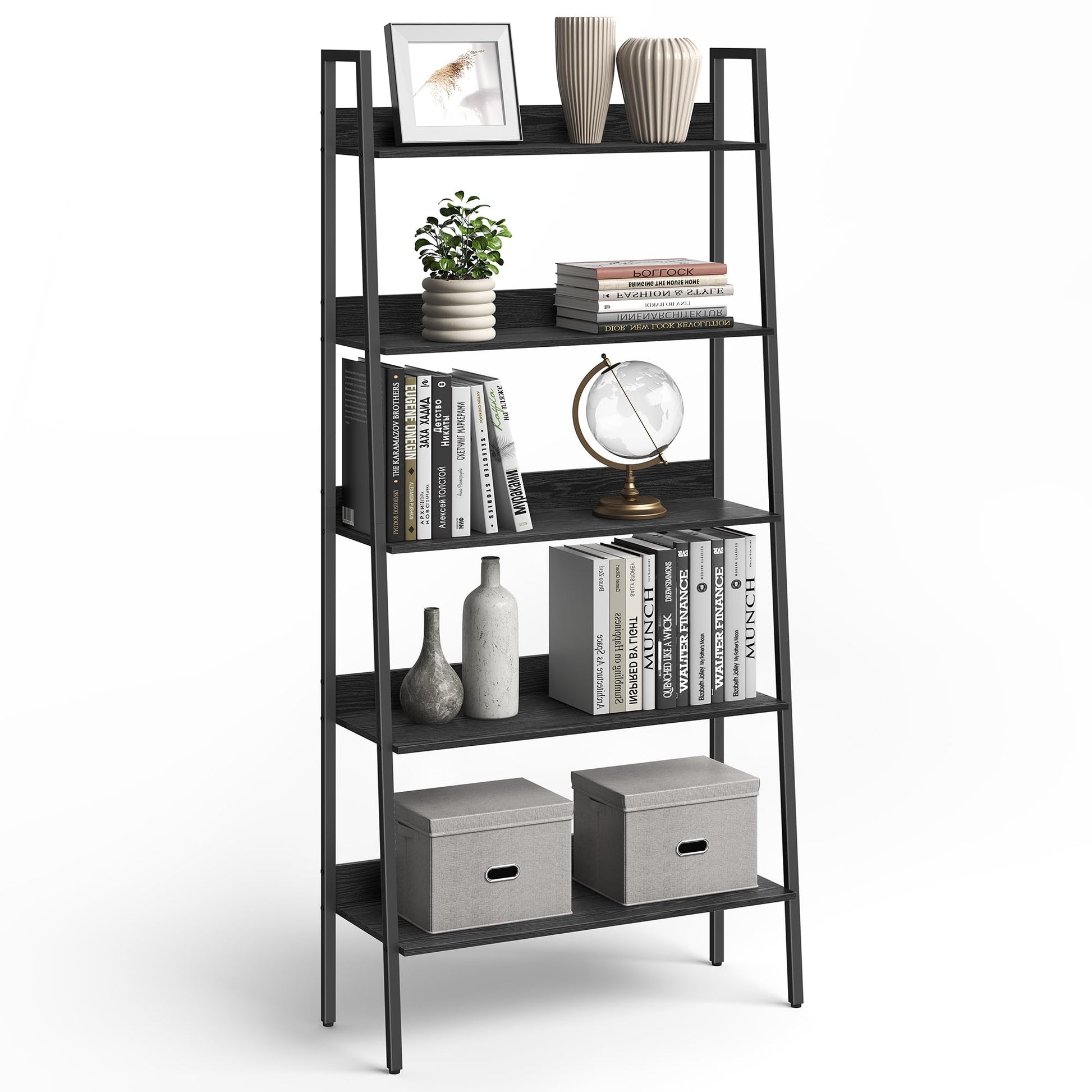 VASAGLE 5-Tier Ladder Shelf - Stylish Multi-Use Bookshelf in Ebony Black and Ink Black - WoodArtSupply