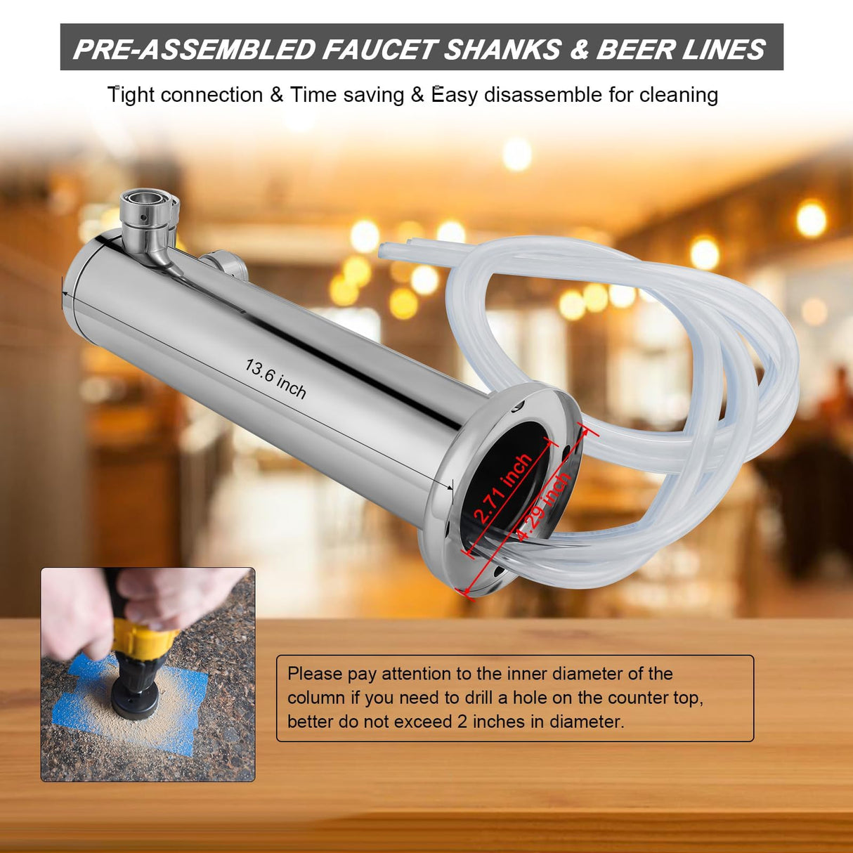 FERRODAY Kegerator Tower Dual Faucet Beer Tower Double Tap Beer Tower Dispenser Beer Tap Kegerator Parts Stainless Steel Tower Brass Faucet Stainless Core Pre-assembled Lines 3" Keg Tower Beer Keg Tap Ferroday