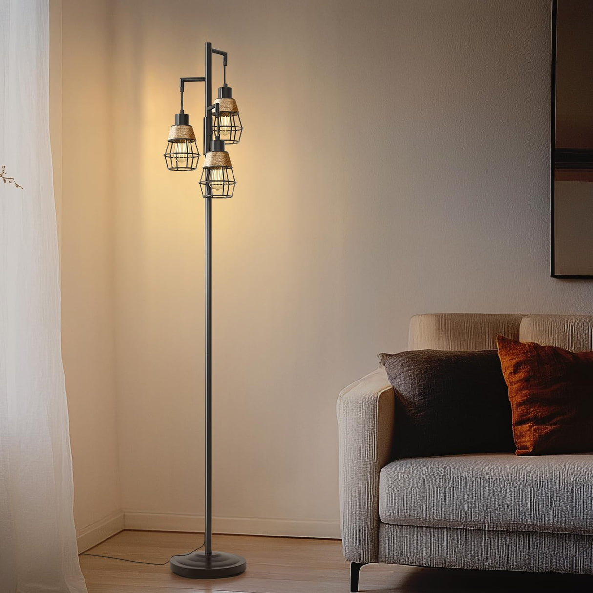Oneach 68" Floor Lamps for Living Room, Stepless Dimmable Boho Floor Lamp with 3 Bulbs, Tall Farmhouse Industrial Corner Standing Tree Lamp for Bedroom, Office, Study Room, Dining Room, Black Oneach