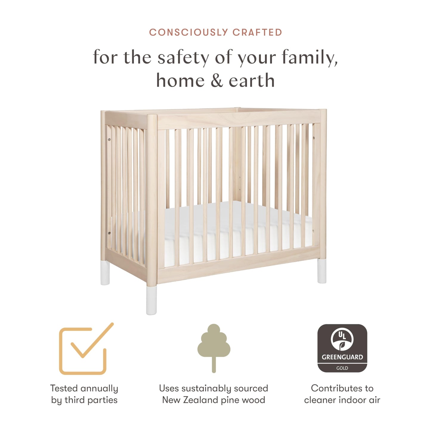 Babyletto Gelato 4-in-1 Convertible Mini Crib in Washed Natural and White, Greenguard Gold Certified