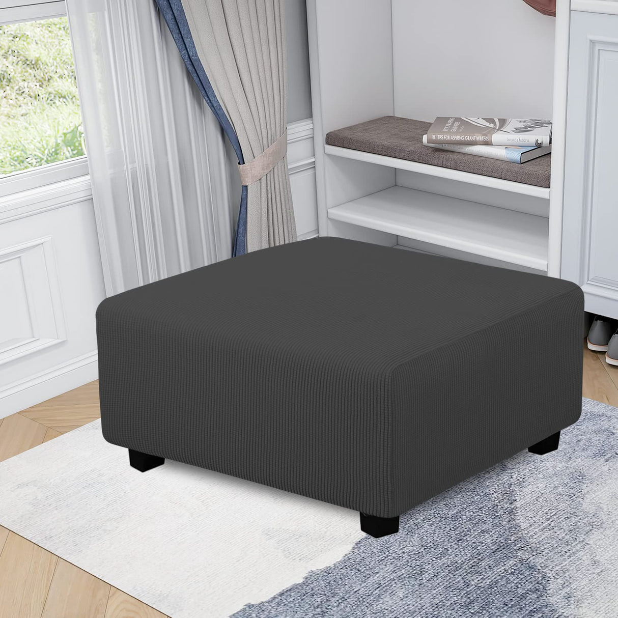 Easy-Going Stretch Square Ottoman Cover 40x40x15 inch Folding Storage Stool Furniture Protector Soft Rectangle slipcover with Elastic Bottom Dark Grey Easy-Going