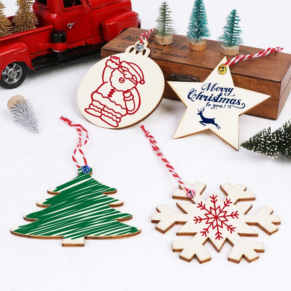 OurWarm 40PCS Wooden Christmas Ornaments Unfinished Wood Slices with Holes, Christmas Crafts DIY Centerpieces Wooden Ornaments to Paint Hanging Decorations Perfect Christmas Gifts for Kids, 4 Styles OurWarm