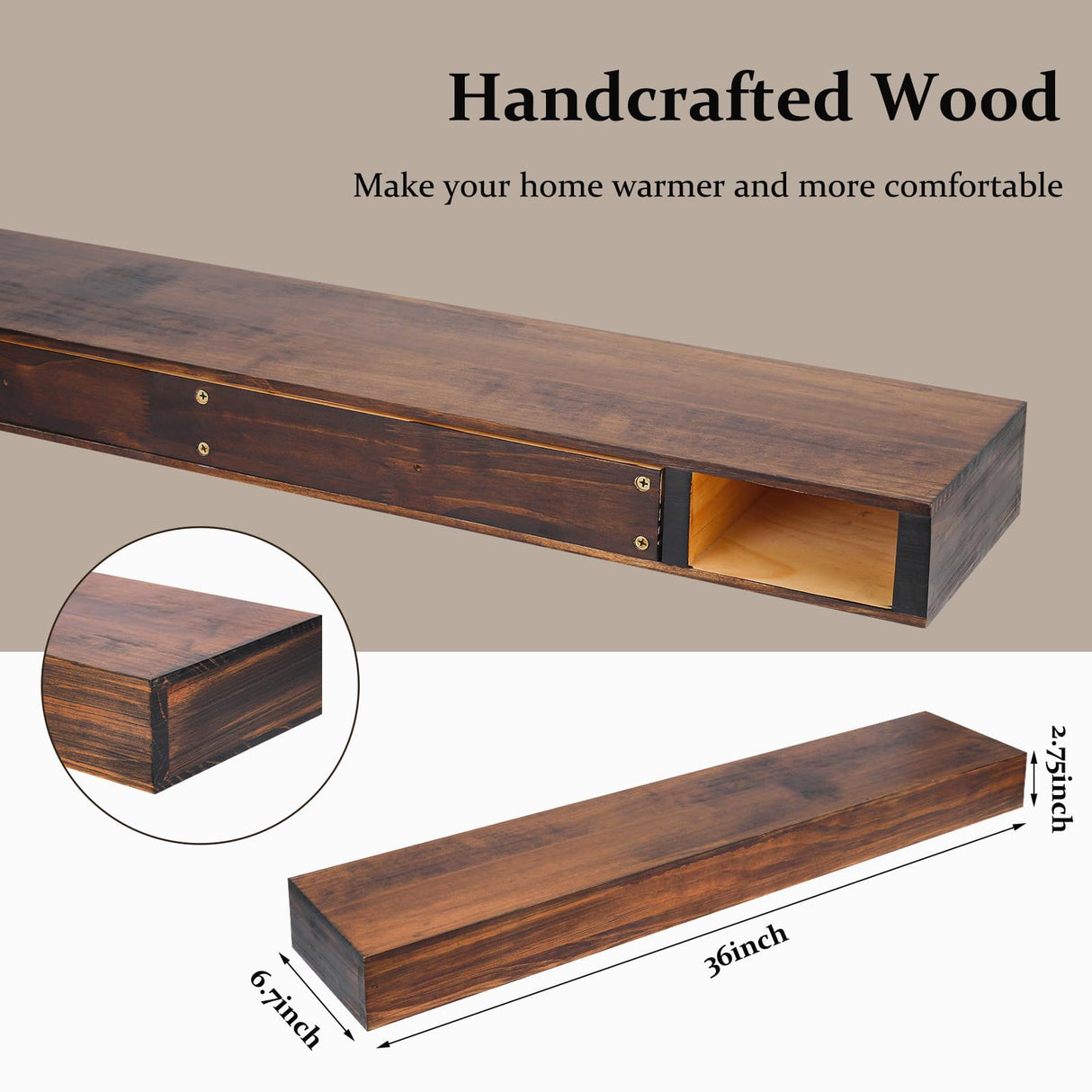 AZSKY Rustic Fireplace Mantel Shelf Floating Fireplace Mantel Dark Walnut 36 Inch Long Wall Mount Mantel for Fireplace Deep Wall Shelf Set of 1 with Invisible Wooden Bracket AZSKY