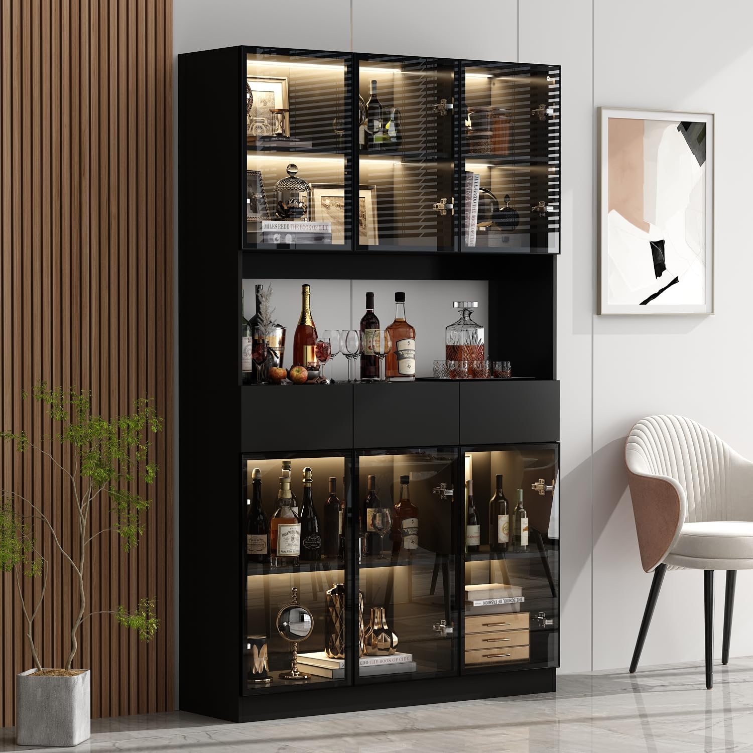 Homsee Black Bookcase with LED Lights, Storage Shelves, Drawers, and 6 Glass Doors for Home Office and Living Room - WoodArtSupply