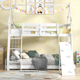 Costzon House-Shaped Twin Over Queen Bunk Bed with Climbing Nets and Ramp - White Wooden Kids Bed Costzon