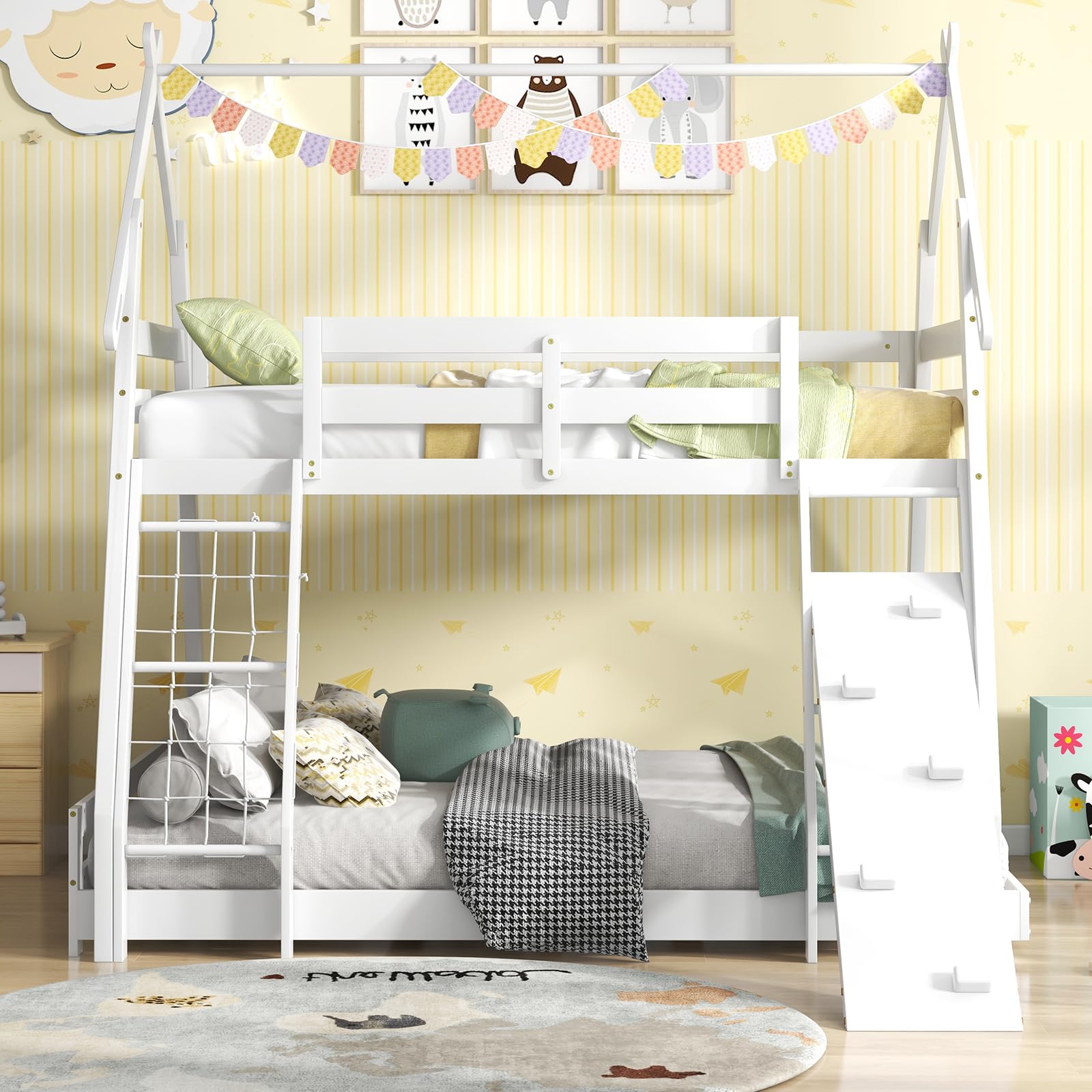 Costzon House-Shaped Twin Over Queen Bunk Bed with Climbing Nets and Ramp - White Wooden Kids Bed - WoodArtSupply