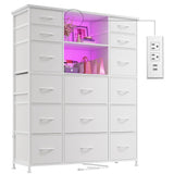 EnHomee 51" H White Dresser with 15 Drawers Dresser for Bedroom with Charging Station & LED Lights & Hutch Sturdy Bedroom Dressers, Steel Frame, Wood Top, 51.2" H x 39.3" W x 11.8" D EnHomee