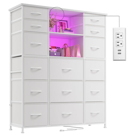 EnHomee 51" H White Dresser with 15 Drawers Dresser for Bedroom with Charging Station & LED Lights & Hutch Sturdy Bedroom Dressers, Steel Frame, Wood Top, 51.2" H x 39.3" W x 11.8" D EnHomee