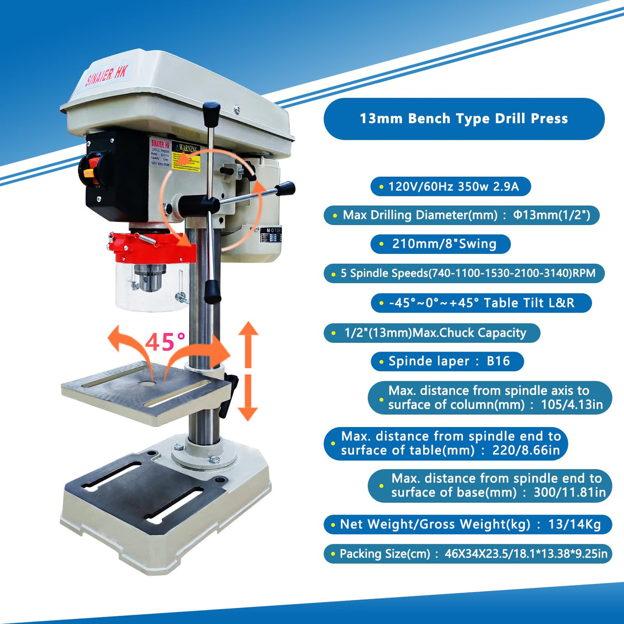 Drill Press, Benchtop Drill Press, High-Performance 8 Inch 5 Speed Benchtop Drill Press,0-45° Tiltling Tabletop Drilling,2.9 Amp for Wood, Metal, and Plastic (8 Inch) SINAIERHK
