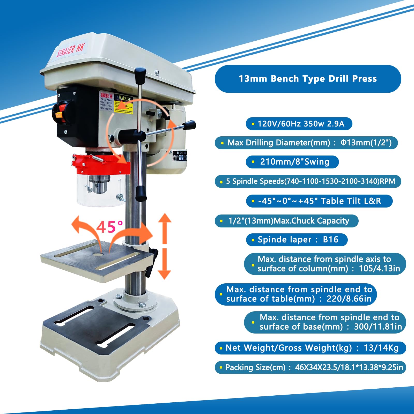 Drill Press, Benchtop Drill Press, High-Performance 8 Inch 5 Speed Benchtop Drill Press,0-45° Tiltling Tabletop Drilling,2.9 Amp for Wood, Metal, and Plastic (8 Inch) - WoodArtSupply