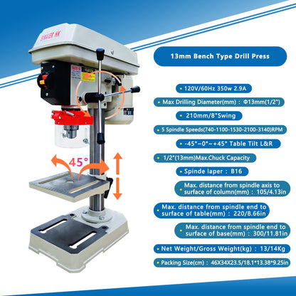 Drill Press, Benchtop Drill Press, High-Performance 8 Inch 5 Speed Benchtop Drill Press,0-45° Tiltling Tabletop Drilling,2.9 Amp for Wood, Metal, and Plastic (8 Inch) - WoodArtSupply