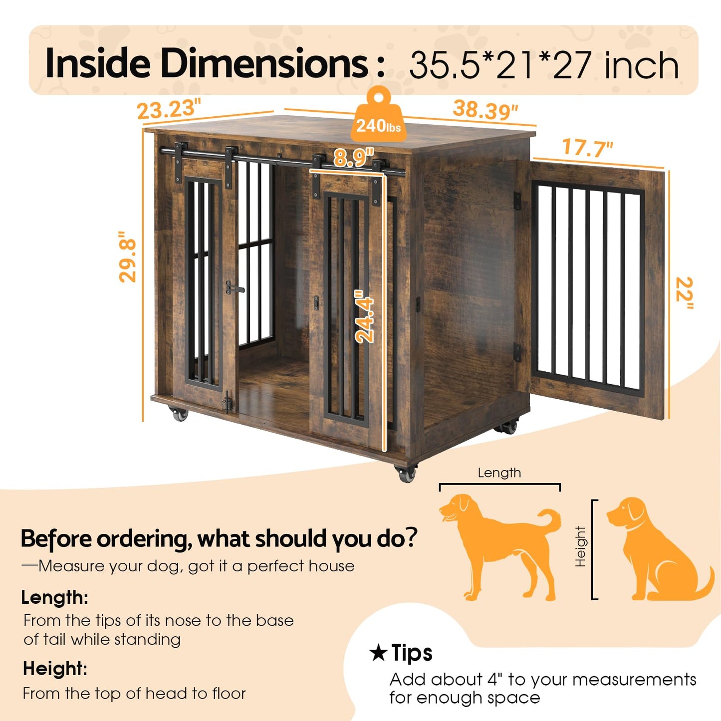 Wooden Dog Crate Furniture with Sliding Barn Door, 38.5" Medium Size Dog Cage with Lockable Wheels Double Doors, Indoor Dog Kennel Furniture End Table for Small/Medium/Large Dogs