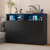 GarveeHome 55" W Black Dresser for Bedroom, 8 Drawer Dresser with Led Lights and Charging Station, Large Chest of Drawers Storage Organizer with Storage Shelves for Living Room, Entryway GarveeHome