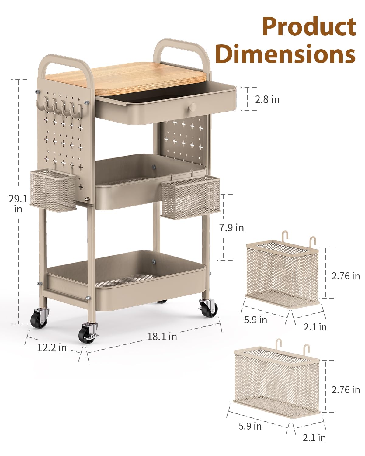 ALVOROG Rolling Cart with Drawer and Wood Table Top, 3 Tier Metal Rolling Utility Cart on Wheels with DIY Pegboards, Hanging Baskets, Hooks for Kitchen, Bedroom, Office, Craft Supplies ALVOROG