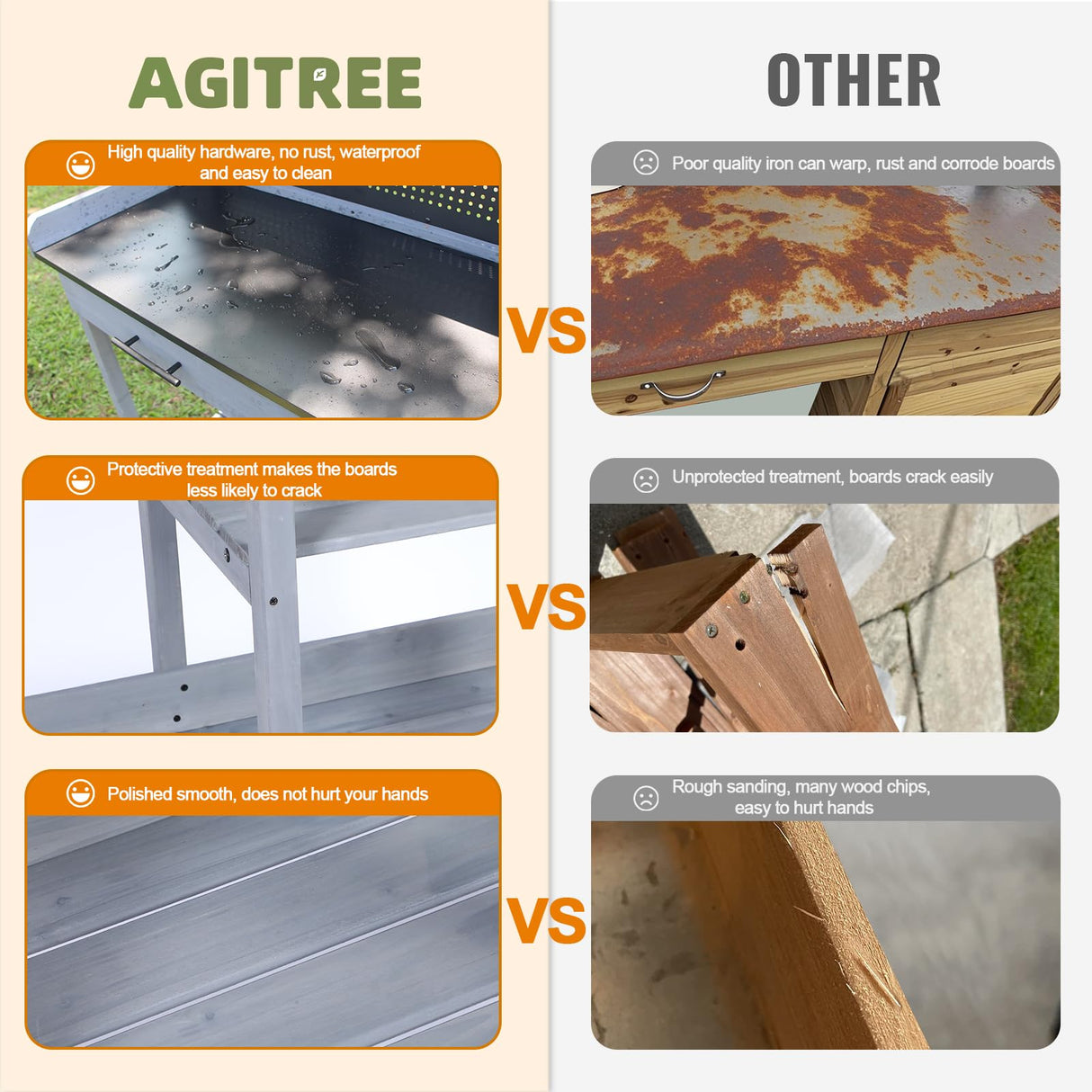 Outdoor Potting Bench Table,Garden Work Bench Metal Tabletop Horticulture with Shelf Rack Wooden Potting Benches for Outside with Holey Board/Hooks/Pads/Drawer/Adjustable and Cabinet,Gray Agitree