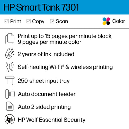 HP Smart -Tank 7301 Wireless All-in-One Cartridge-free Ink Printer, up to 2 years of ink included, mobile print, scan, copy, automatic document feeder (28B70A), Gray