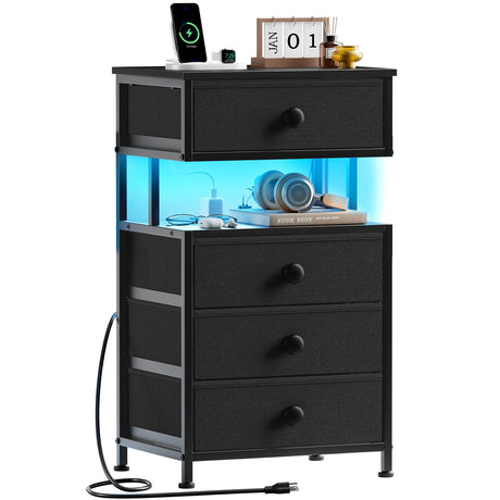 REAHOME Night Stand with Charging Station and LED Light, 4 Fabric Drawers Black Bedside Table with Open Shelf, Modern End Table with Wooden Top for Bedroom, Living Room, Hallway - Black Gery REAHOME