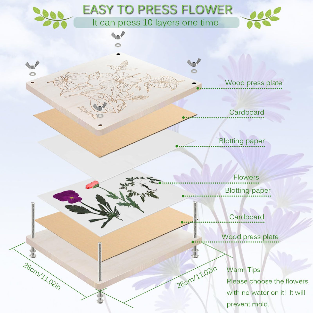 Rhykoka Large Flower Press,11x11 inch (28x28cm) 10 Layers Wooden Flower Pressing Kit for Adults with Storage Bag, Great Gift for DIY Flower Lovers (Wooden) Rhykoka