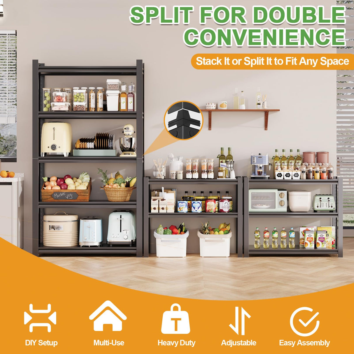 VRTCP 72H Metal Kitchen Storage Shelves, 2500 LBS Heavy Duty Garage Shelving Unit, 5-Tier Adjustable Pantry Shelves, Food and Beverage Storage Rack, Appliance Storage Utility Shelf for Balcony - Black VRTCP