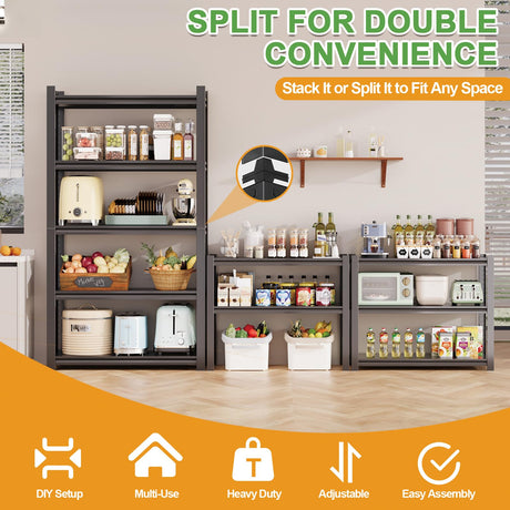 VRTCP 72H Metal Kitchen Storage Shelves, 2500 LBS Heavy Duty Garage Shelving Unit, 5-Tier Adjustable Pantry Shelves, Food and Beverage Storage Rack, Appliance Storage Utility Shelf for Balcony - Black VRTCP
