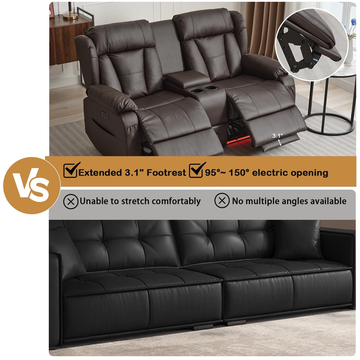 WISHDEER Power Reclining Loveseat Sofa, Loveseat Recliner Couch with Console, RV Recliners for Travel Trailers, Home Theater Seating with Cup Holders/LED/Drawer/USB/USB C for Living Room(Brown) WISHDEER