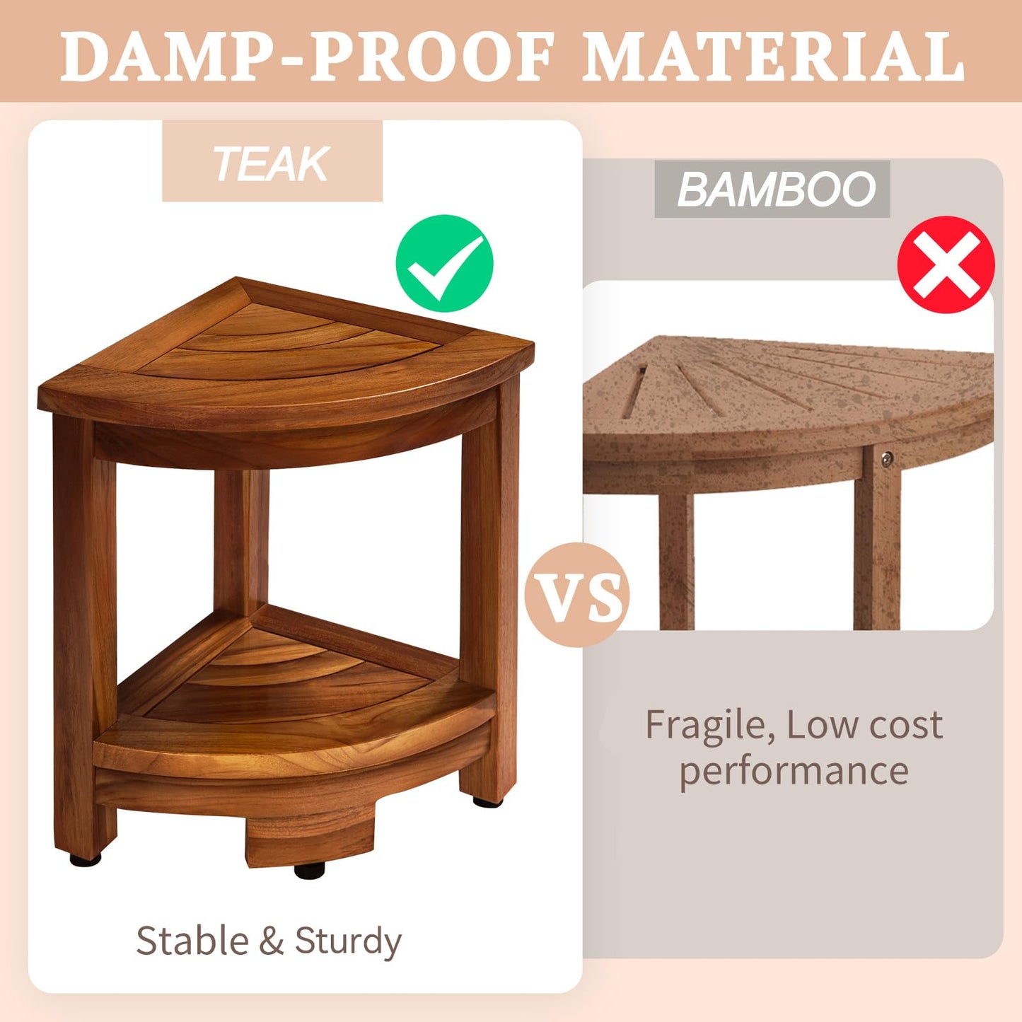 TEAKMAMA Shower Stool for Shaving Legs, Teak Corner Shower Bench with Storage Shelf, Waterproof Shower Seat for Inside Shower, 16.5" Bathroom Bench, Easy to Assemble