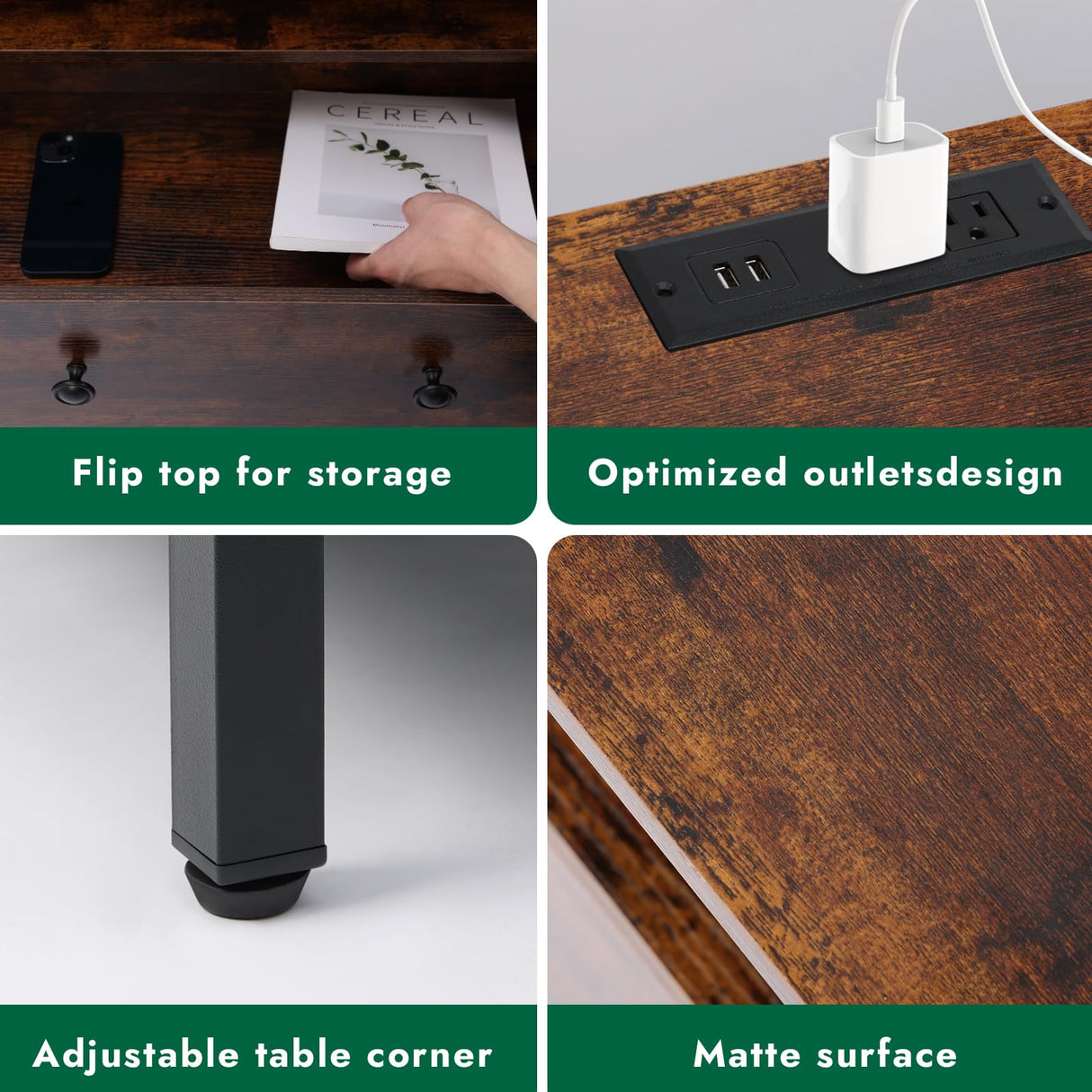 Tykacna 27 Inch Wide Night Stand, Wooden Night Stand with 2 Drawers, LED Nightstands with Charging Station and Adjustable Drawer for Living Room/Bedroom/Study/Office Nightstand, Retro Brown. Tykacna