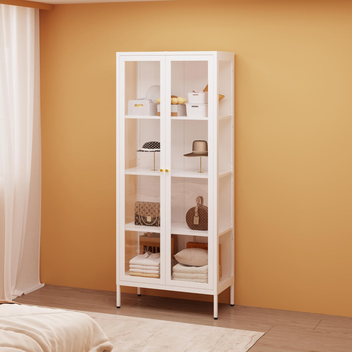 UNICOLY Display Cabinet with Glass Doors, Glass Display Cabinet 4-Tier, Metal Curio Display Cabinet with Tempered Glass Doors for Bedroom, Living Room,Dining Room.White UNICOLY