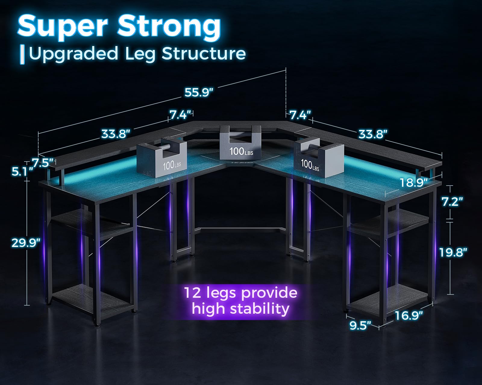 Coleshome L Shaped Gaming Desk with LED Lights & Power Outlets, Reversible 56" Computer Desk with Full Monitor Stand & Storage Shelves, Ergonomic Home Office Corner Desk, Black - WoodArtSupply