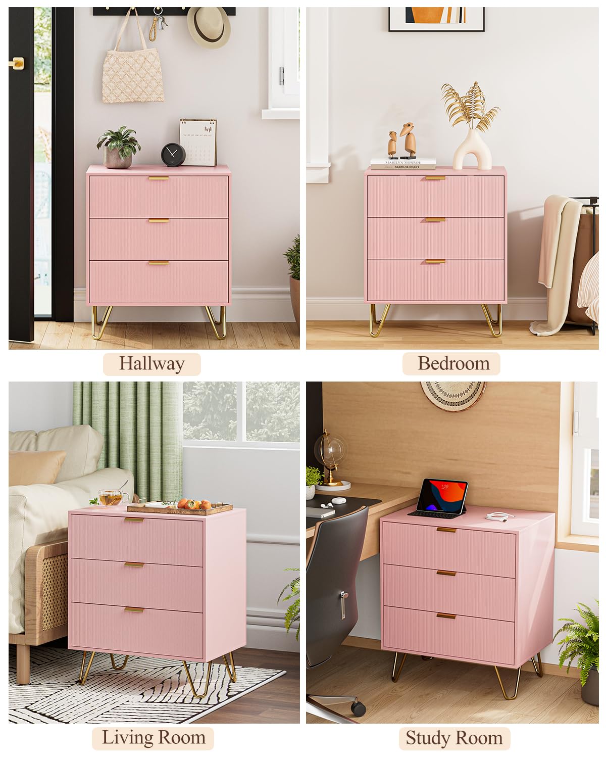 Aobafuir 3 Drawer Dresser for Bedroom, Modern Closet Dressers Chest of Drawers, Storage Dresser Chest Cabinet Organizer Unit, Small Fluted Dresser for Bedroom (Pink Stripe) Aobafuir