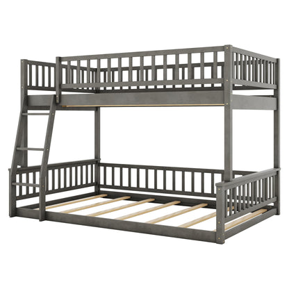 Merax Wooden Bunk Bed Full XL Over Queen for Adults Teens, Full XL Over Queen Bunk Beds with Incline Ladder and Guardrails, Bunk Beds Can Be Divided into 2 Platform Beds, Wood Slats, Grey