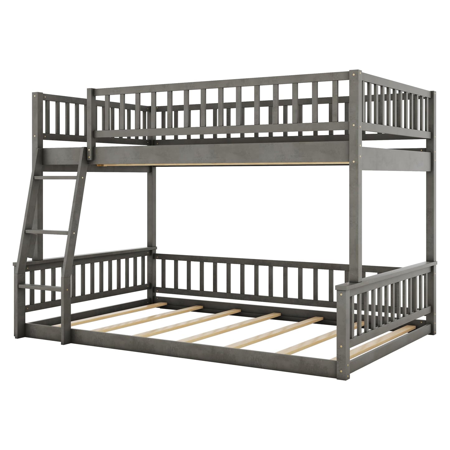 SOFTSEA Full XL Over Queen Bunk Bed, Wood Floor Bunk Bed with Safety Guardrails & Wide Ladder for Kids Teens Adults, Detachable Bunk Bed into 2 Beds, Grey