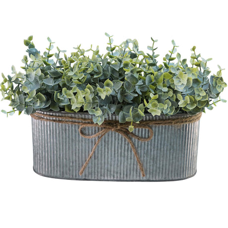 Winlyn Artificial Eucalyptus Arrangement in Rustic Oval Galvanized Metal Planter Box Faux Eucalyptus Bush Greenery Potted Plants for Farmhouse Indoor Home Office Table Centerpiece Kitchen Décor Winlyn