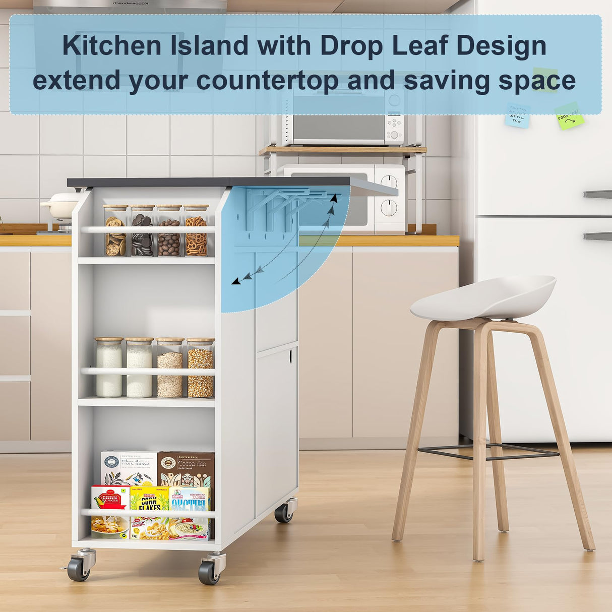 Kitchen Island with Drop Leaf, Rolling kitchen island with power outlet and Led Light, Kitchen Island with Storage Cabinet, Spice Rack, Drawer, Towel Rack, kitchen island on wheels for Dinning Room Aufvolr