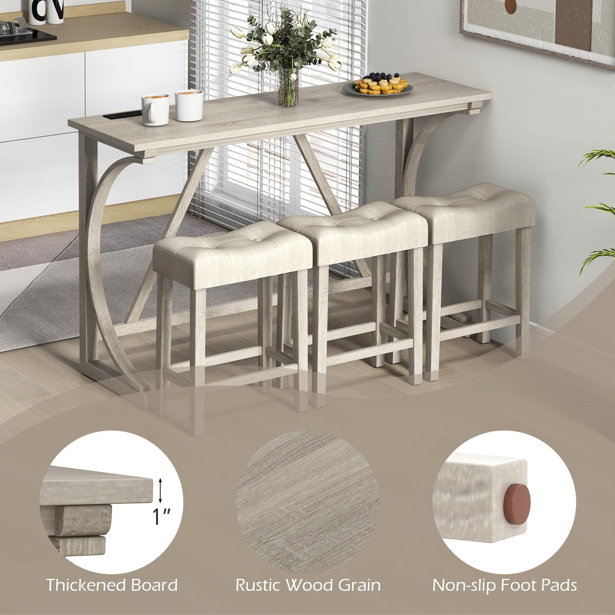 COSTWAY 4-Piece Farmhouse Bar Table Set with Power Outlet, Counter Height Dining Table Set w/ 3 Upholstered Stools, Wood Console Table Set Bistro Table Set for Kitchen, Dining Room, Living Room COSTWAY