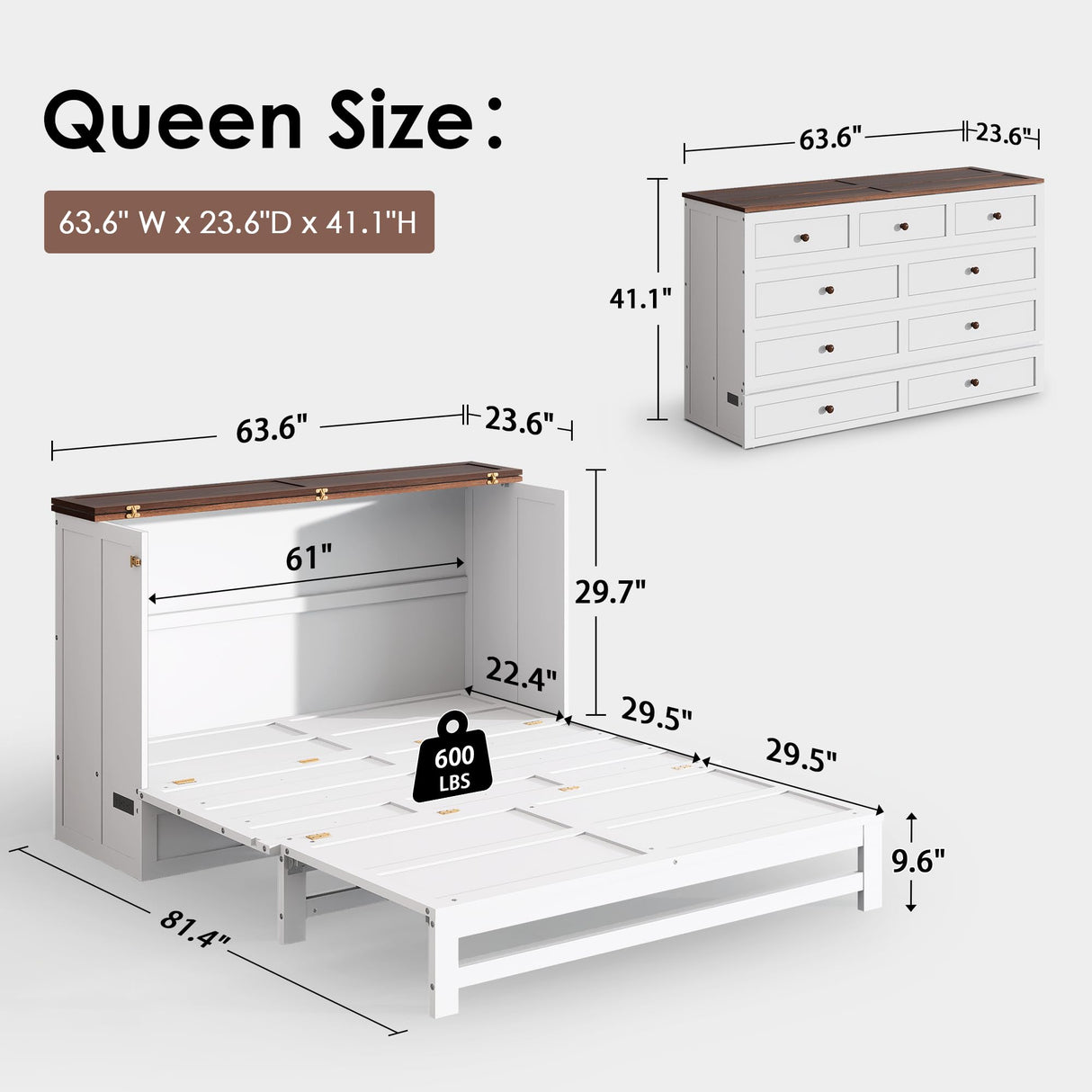 howcool Queen Murphy Bed Cabinet with Charging Station and Large Storage Drawer, Solid Pine Wood Platform Bed Frame, Foldable Cabinet Bed for Home Office, Space Saving Design, White + Walnut howcool