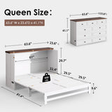 howcool Queen Murphy Bed Cabinet with Charging Station and Large Storage Drawer, Solid Pine Wood Platform Bed Frame, Foldable Cabinet Bed for Home Office, Space Saving Design, White + Walnut howcool