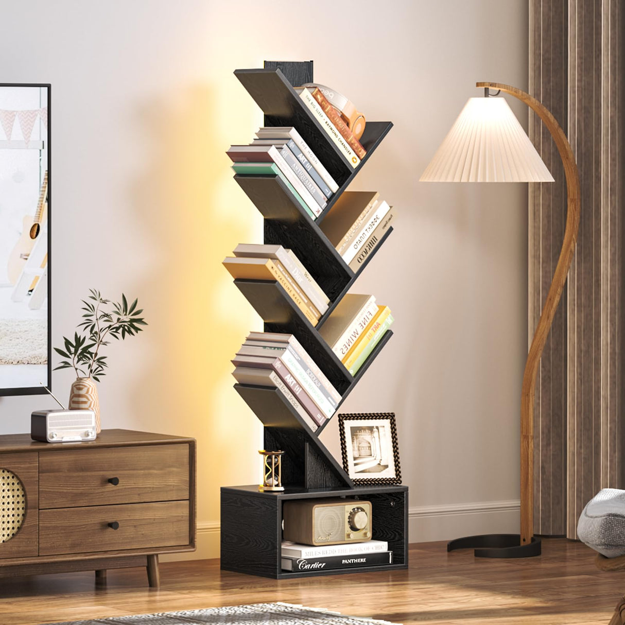 Yoobure Tree Bookshelf with LED Light, 6 Tier Book Shelf, Small Bookcase Narrow Bookshelves with Storage, Wood Book Case Organizer for CDs/Books, Floor-Standing Rack for Bedroom, Office, Black Yoobure