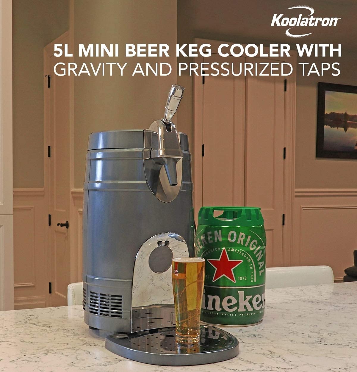 Koolatron 5L Mini Beer Keg Cooler with Dual Taps for Gravity or Pressurized Top Dispensing Kegs, Includes 12V DC and 110V AC Koolatron